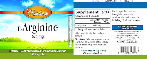 Miniatura 3 de Carlson Laboratories L-Arginina 180 Cápsulas, 0.3 Libra