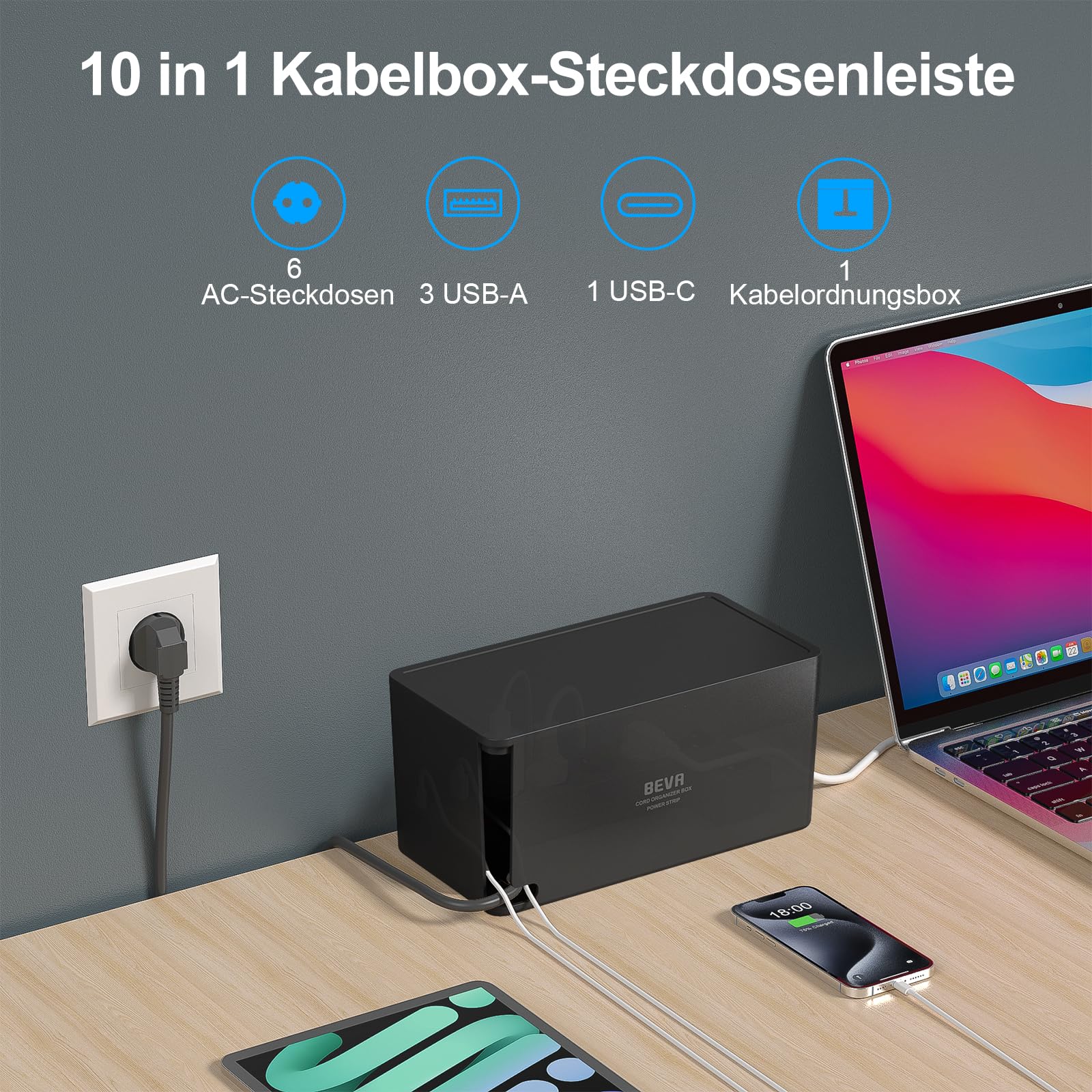 BEVA Kabelbox mit Steckdosenleiste 3680W/16A und 4M Kabel, Schwarz | 1050J Steckdosenleiste Überspannungsschutz , Mehrfachsteckdose mit 6 Steckdosen+ 3USB-A+1USB-C , Mehrfachstecker mit Schalter