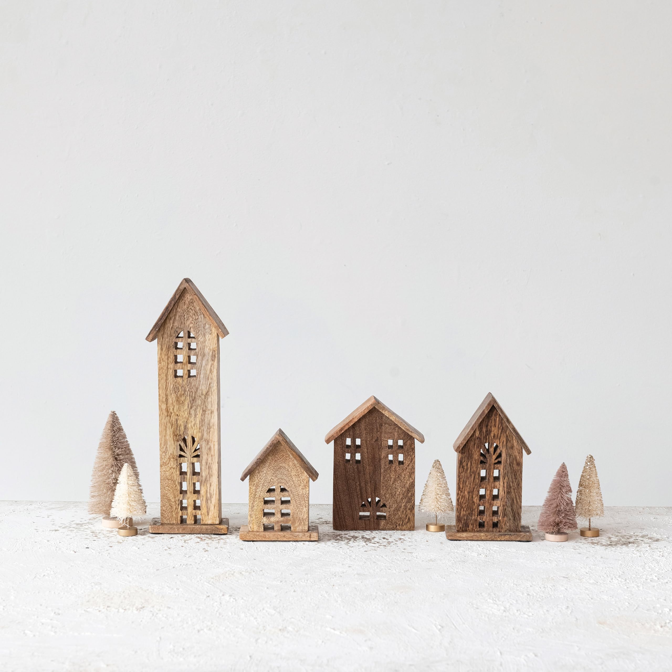 Creative Co-Op Decorative Carved Mango Wood Houses, Natural, Set of 4