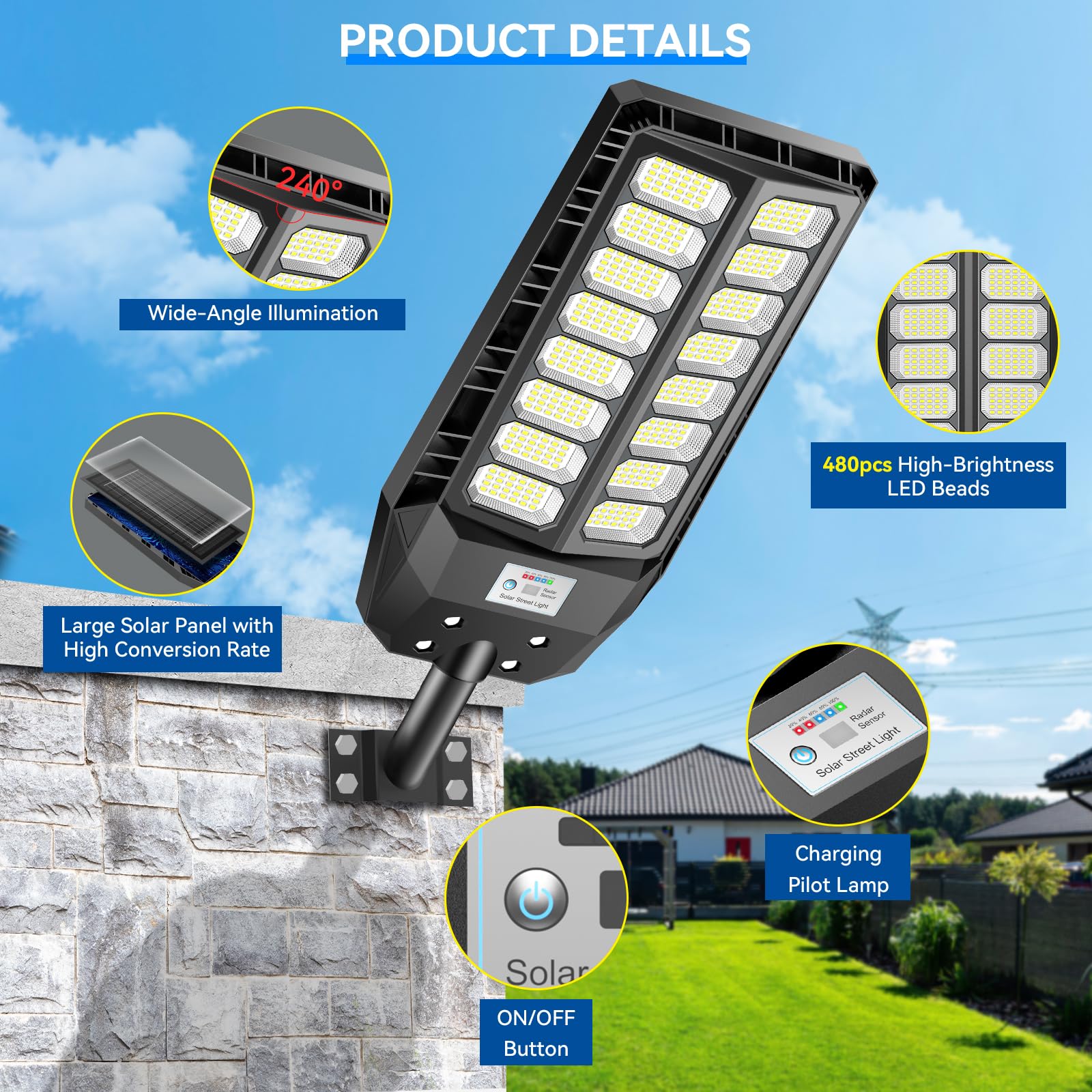Adewalk 3000W Lampione Solare Led Esterno con Telecomando, IP66 Impermeabile Lampada Stradale Solare con Sensore di Movimento, 6500K Super Bright Lampioni da Giardino Esterno Solari per Garage Strada