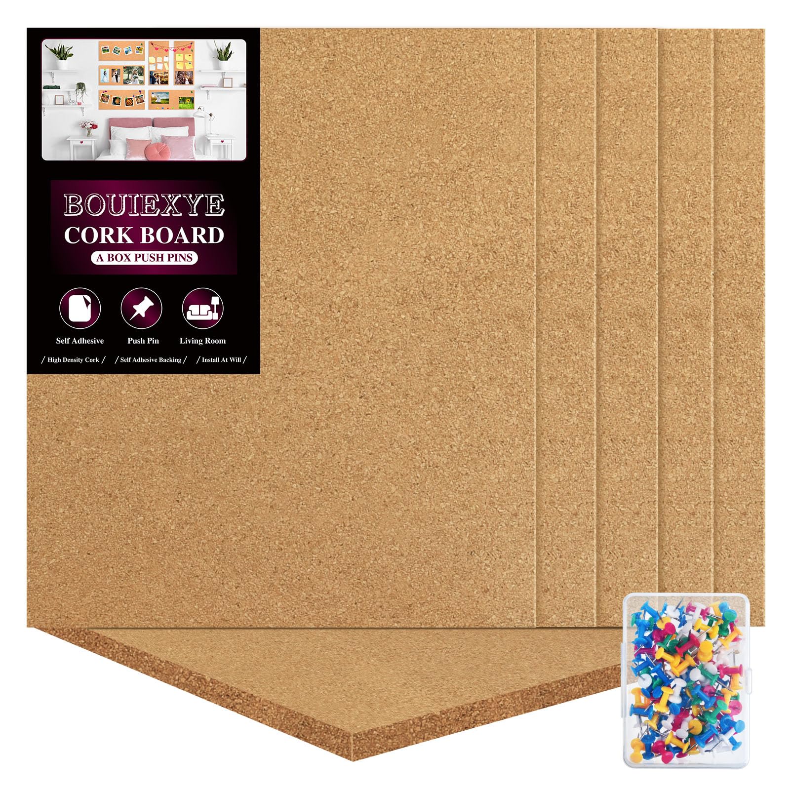 Bouiexye Cork Board 6 Pack 12"x12" - 1/2" Bulletin Boards Self Adhesive Corkboards for Wall School Home Office with 100 Push Pins