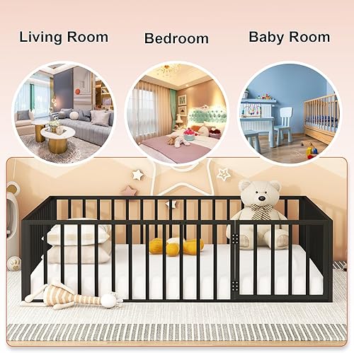 Miniatura 7 de Cama de suelo de metal Queen, marco de metal resistente con valla y puerta, ideal para transición Montessori