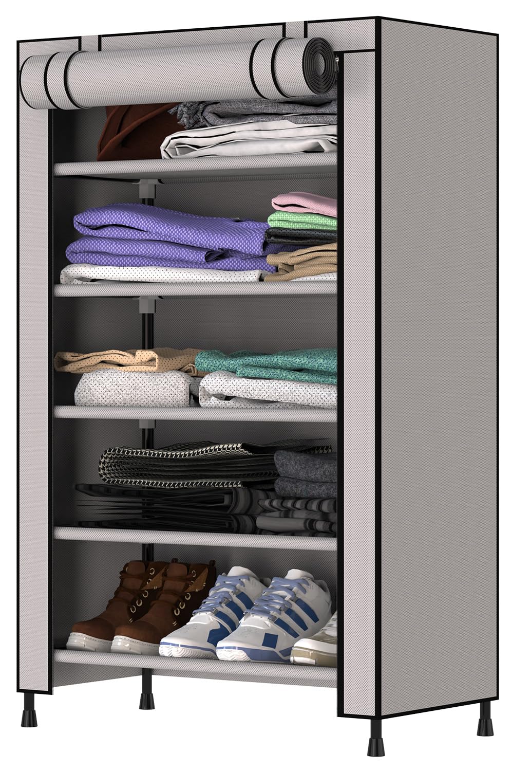 MY ARMOR 1 Door Multipurpose Foldable Wardrobe for Clothes, Multipurpose Cupboard for Storage Rack Cabinet, Foldable, Collapsible Fabric Wardrobe Organizer for Clothes, 1-Door, 5 Shelves/Cabin - Grey-image-21