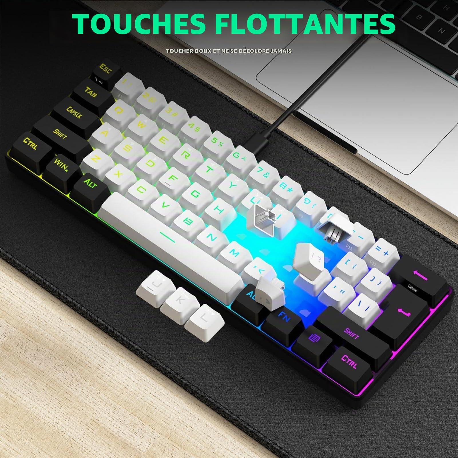Sxhlseller 60% Mini Clavier de Jeu, 61 Touches Clavier USB Ergonomique rétroéclairé RVB, Clavier D'Ordinateur USB Filaire Programmable pour Ordinateur Portable de Bureau Windows (Blanc Noir)