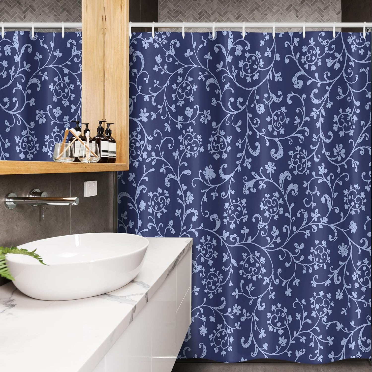 Ambesonne Floral Stall Shower Curtain, Victorian Baroque Style Classic Swirled Flowers with Damask Effects Pattern, Fabric Bathroom Decor Set with Hooks, 54" W x 78" L, Blue Indigo