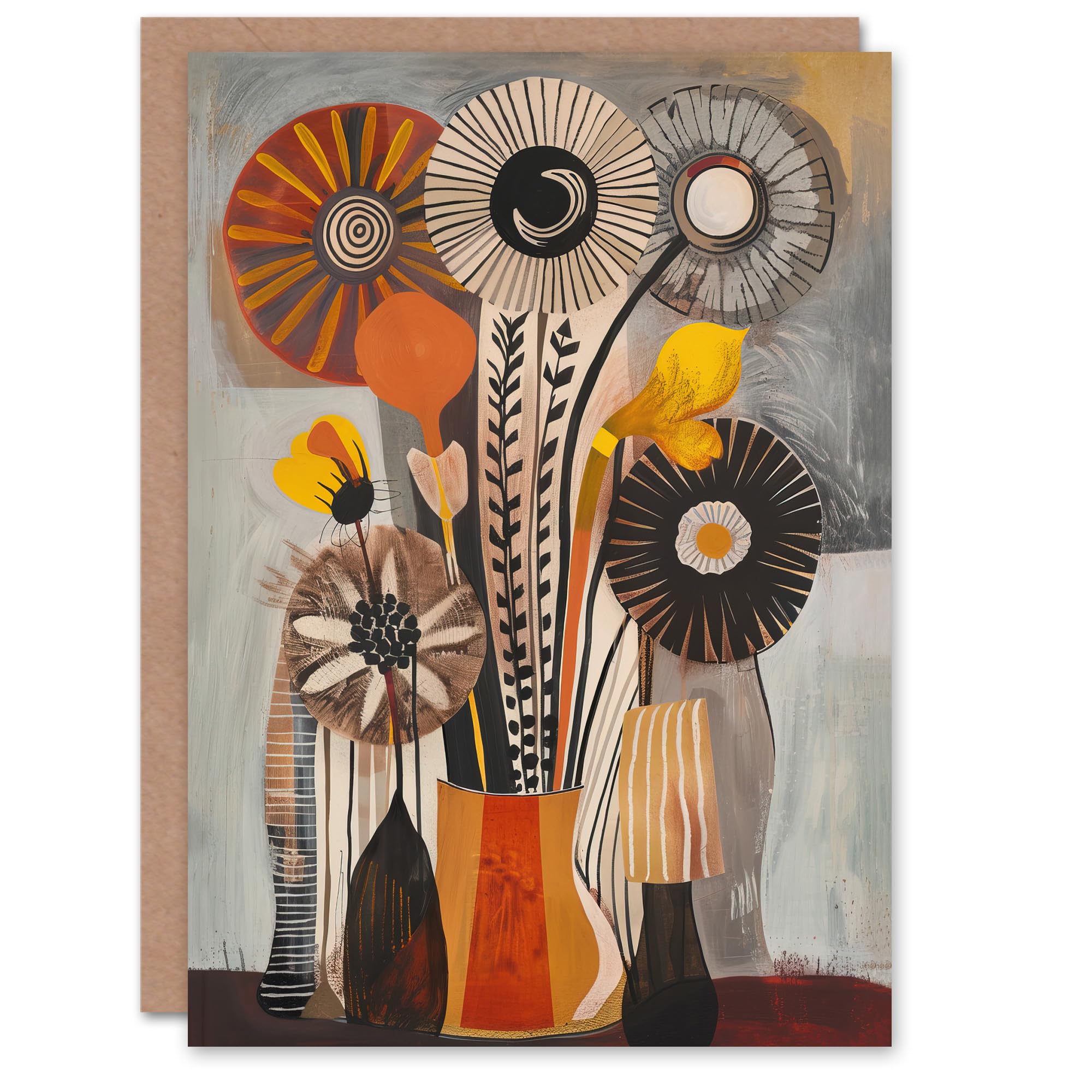 Artery8 Greeting Card Abstract Folk Art Autumn Flower Bouquet in Vase Blank For Him Or Her Art Birthday Card