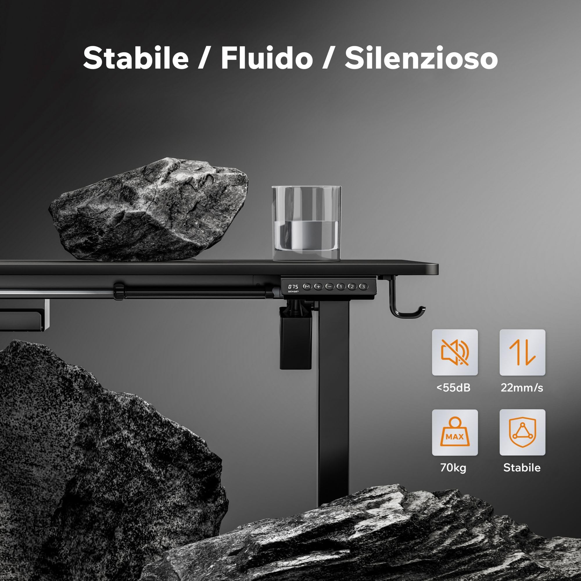 SENSE7 Scrivania Elettrica Regolabile in Altezza NOJO, Standing Desk 140x70, Tavolo PC con Memoria, Scrivania con Vassoio per Cavi, Tavolo da Gaming con Gancio, Regolazione Silenziosa, Black