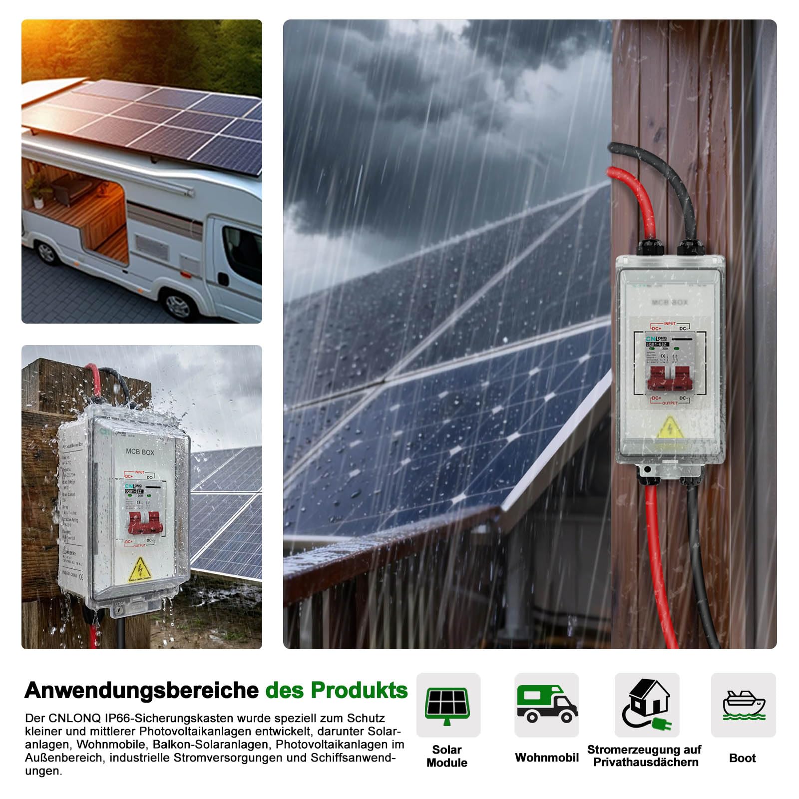 CNLONQ DC Trennschalter PV Anlage 20A 500V Sicherungsautomat 2polig IP66 Wasserdicht mit Solar Kabel und Metallhaken für Solarmodule, Einspeisesteckdose und Balkonkraftwerk