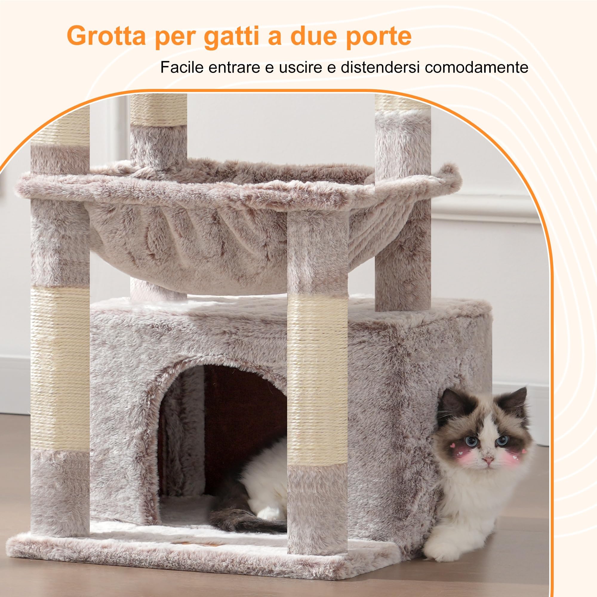 Heybly Albero per Gatti, con Cestino Extra Grande e Morbido, Letto Spazioso, Posto Letto Nascosto, Colonne in Sisal Robuste e Palla di Peluche, Beige Marrone HCT008SMU