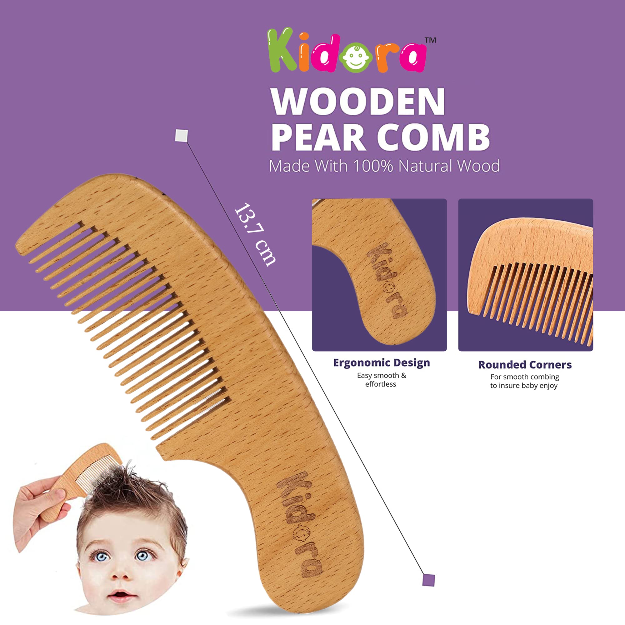 Kidora Baby Comb | Wooden Comb for Baby Hair Care | Hair Comb for New Born & Kids | Non Static Wooden Hair Comb with Carry Pouch 1