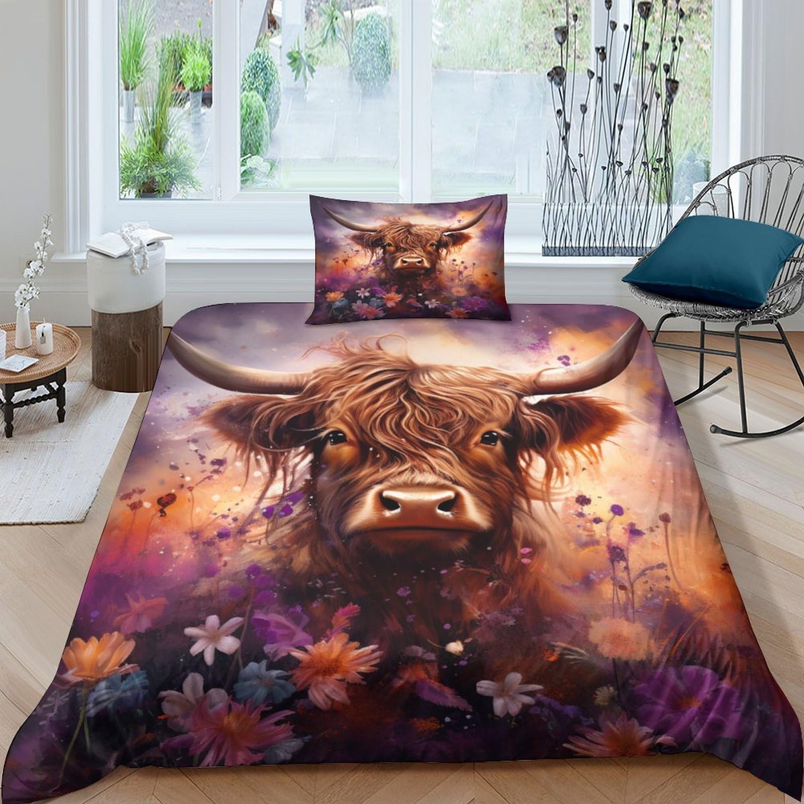 Housse de couette bovins des Highlands 3D en microfibre pour lit simple avec taies