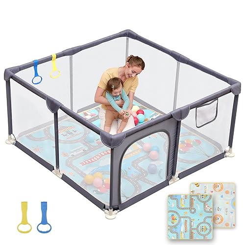 Miniatura 24 de Dripex Corralito plegable para bebés y niños pequeños, corralito extragrande de 71 x 69 pulgadas, puerta de seguridad para interiores y exteriores,