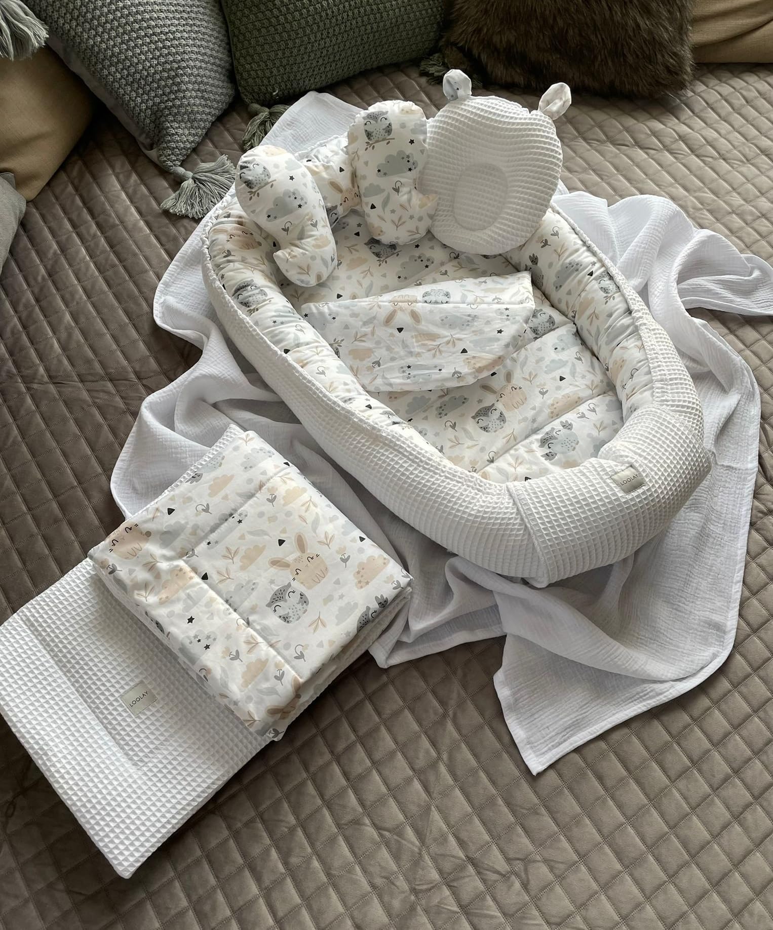 Paracolpi a nido d'ape/coniglio bianco beige per neonati, tappetino da viaggio per lettino da viaggio Solo/o, set regalo premium (paracolpi + coperta (80 x 100 cm) + materasso + 2 cuscini)