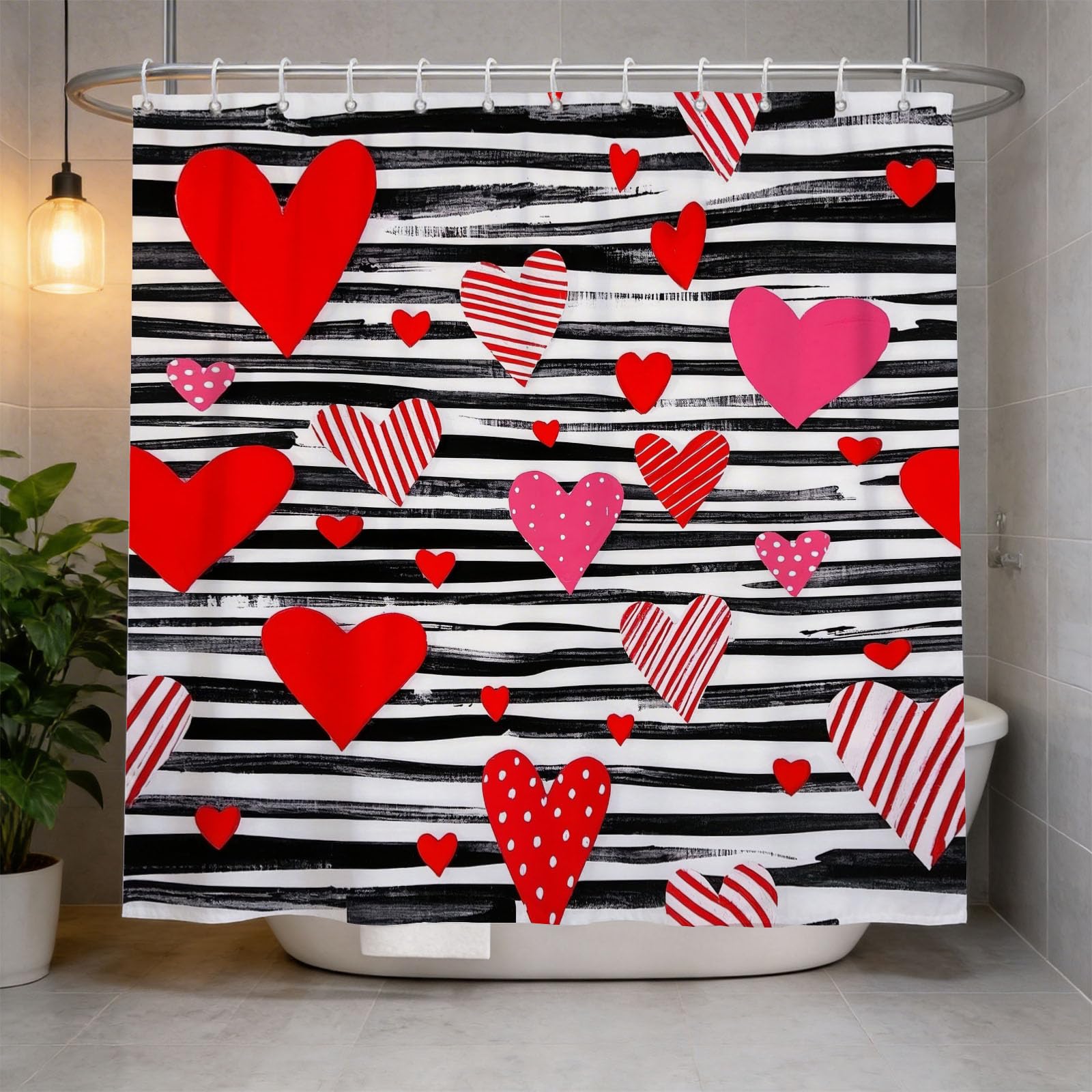 Hongduo 3D Heart Shower Curtain for Stalls Bathtubs Stripe Bathroom Decor Shower Curtain Set Polyester Fabric Waterproof 180x180cm/71X71 Inch with Hooks
