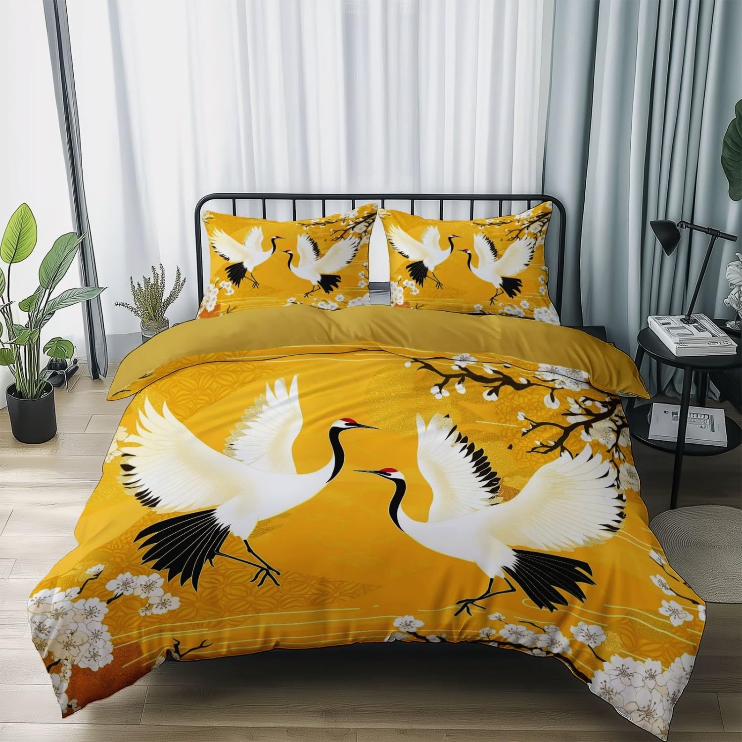 Housse de Couette 220 x 240 cm (2 Taies 65x65), Style L'Élégance De La Grue Blanche Japonaise, en Microfibre Brossée de Qualité pour Un Lit Élégant, Jaune