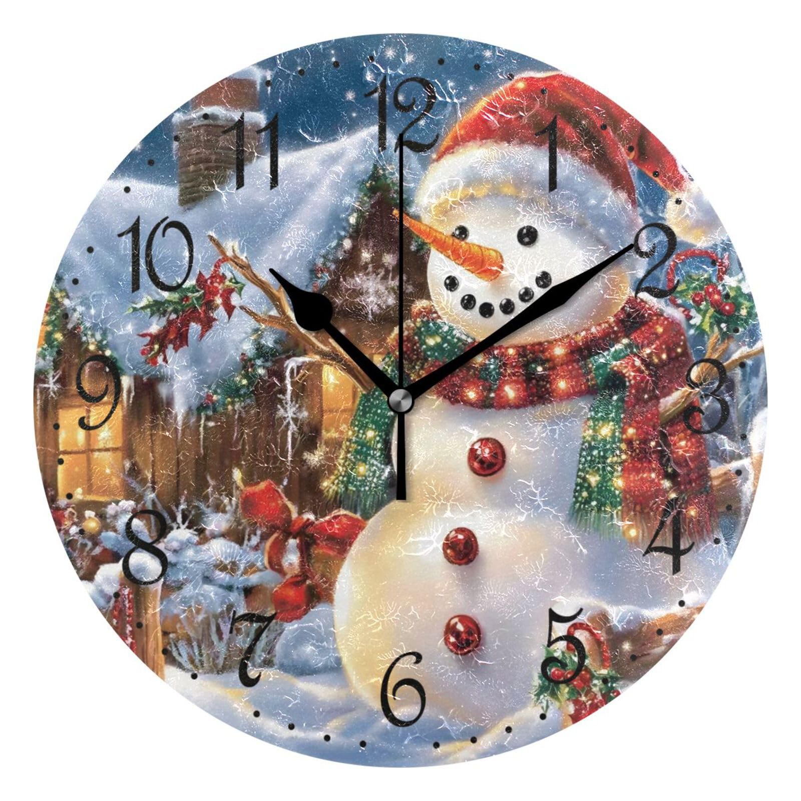 Mnsruu Wall Clock Christmas Snowman, Silent Non-Ticking Decorative Wall Clocks Battery Operated 25x25cm