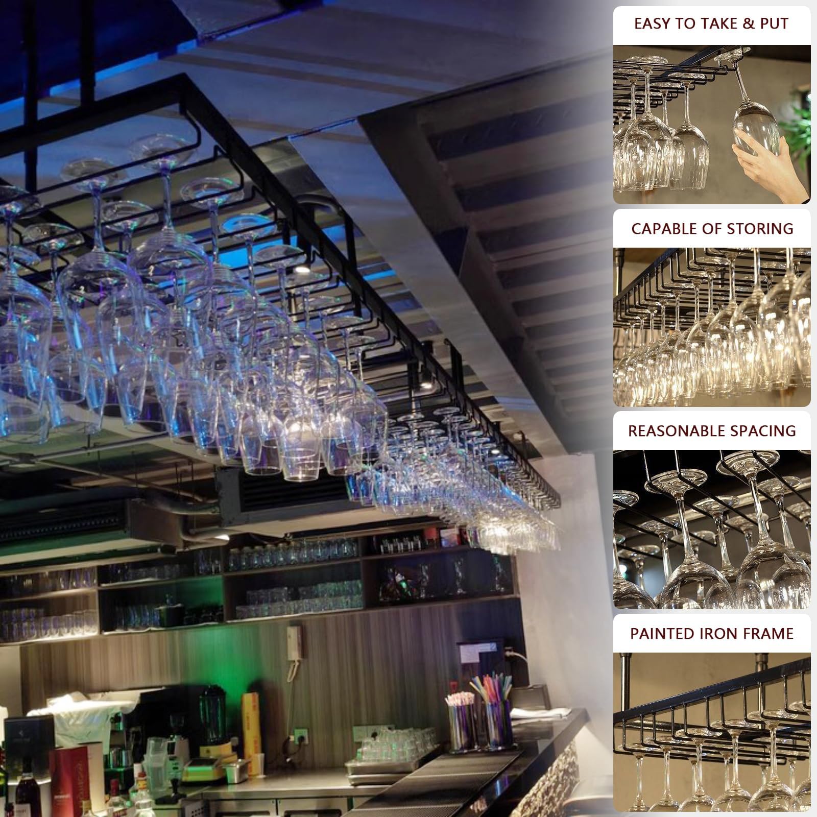 Support pour Verre à Vin Hauteur RéGlable, Porte-Verres à Pied Suspendu en Métal, Montage au Plafond Range Verre Suspendu Bar pour Famille, Restaurant, Hôtel, Bar (BN, 120x40x(30-60) cm)