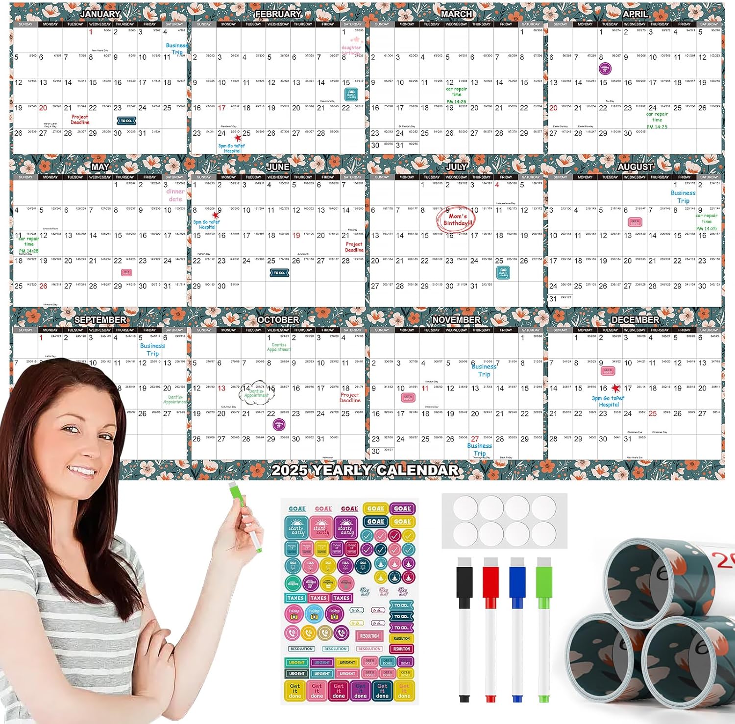 32" x 48" 2025 Wall Calendar - Rolled Packing - 12 Month Yearly Planner - Wet & Dry Erase Monthly Erasable Calendar January to December Vertical/Horizontal, Erasable & Reusable Green 32" x 48"