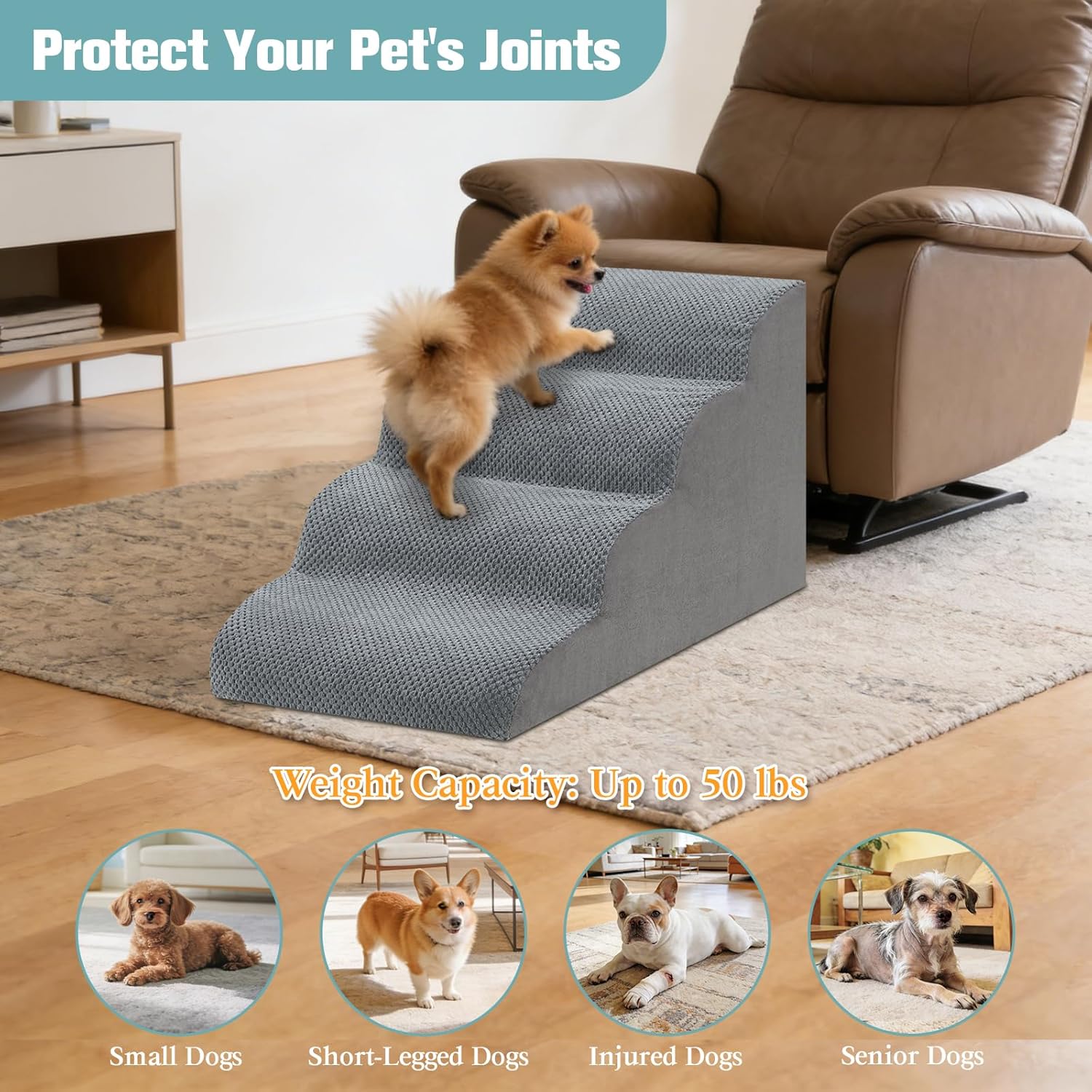 Dog Stairs for Small Dogs, 4-Step Dog Steps for Couch Sofa and Low-Profile & Platform Bed, High-Density Foam Pet Steps Ramp with Removable Washable Cover for Older Injured Dogs Cats, 15.75" H, Grey