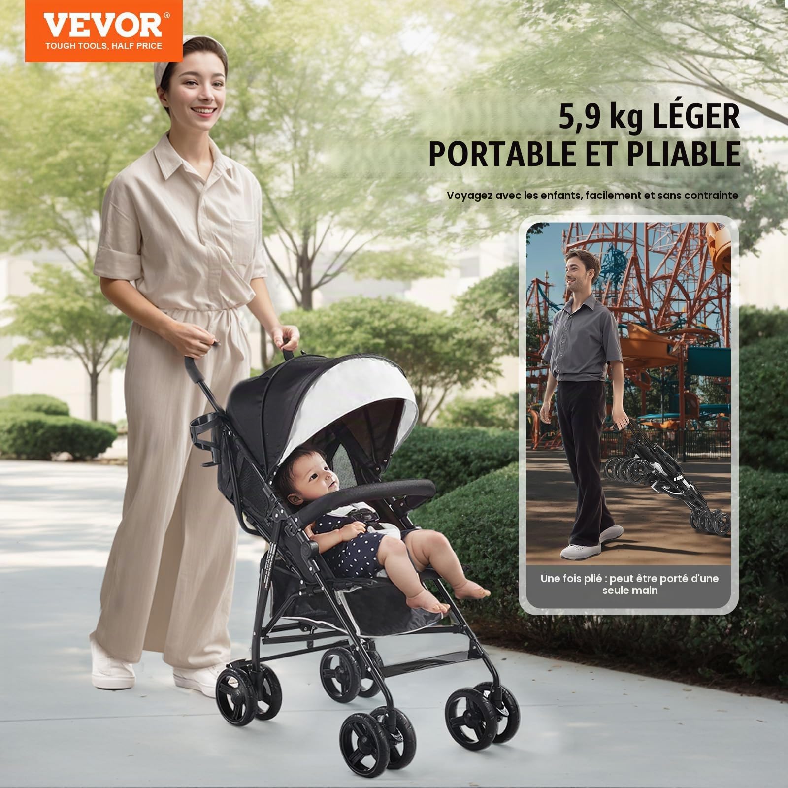 VEVOR Poussette légère pour bébé, poussette pour tout-petit compacte avec dossier inclinable multipositions, cadre en acier au carbone, grand panier de rangement, pour nouveau-né, voyage, noir blanc