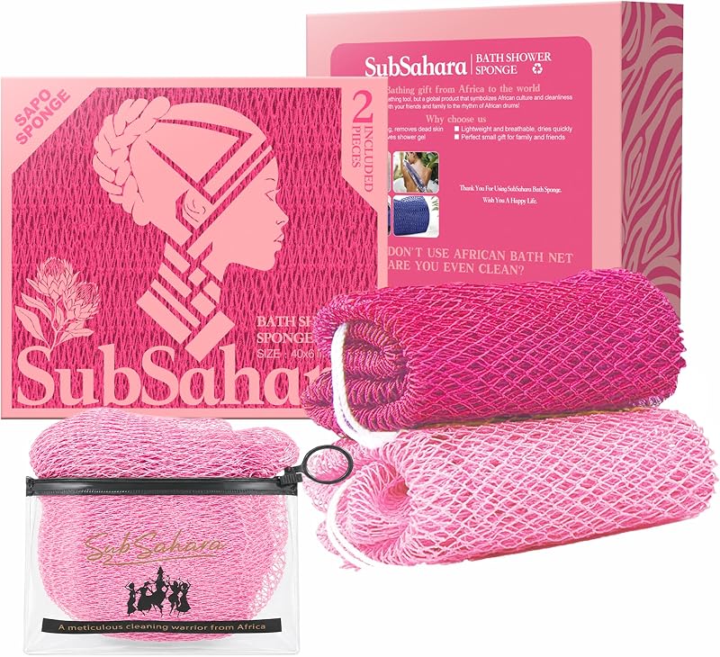 Esponja de banho de tela africana SubSahara, Pacote com 2, 114,3 cm, Rosa-escuro e Rosa-claro