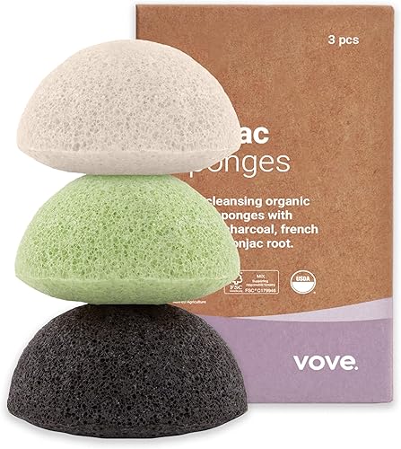 Esponja Konjac orgánica prémium (paquete de 6) - Biodegradable y ecológica, carbón y arcilla francesa, exfoliante facial suave, todo tipo de piel