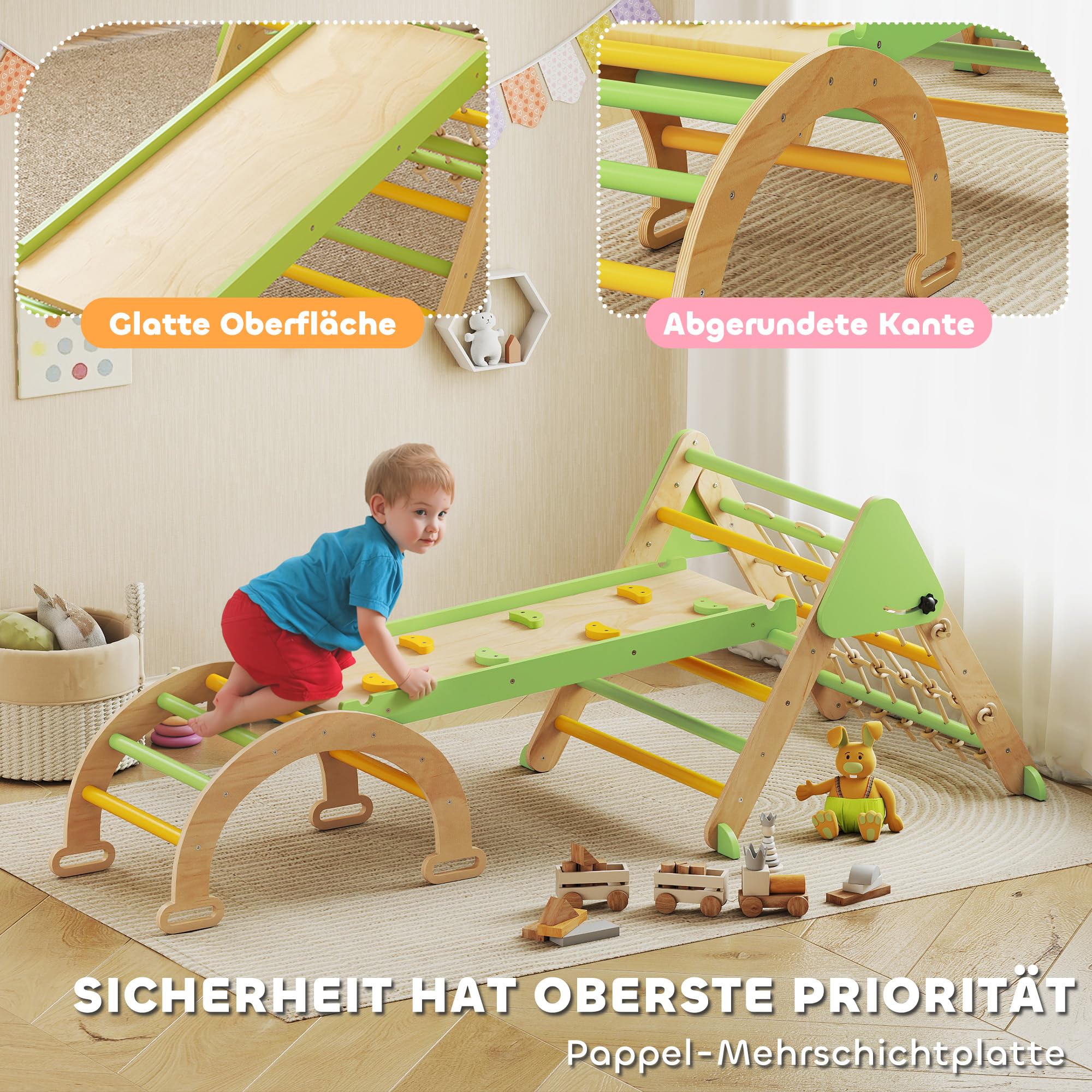 AIYAPLAY Montessori 8 en 1 Arco de escalada de madera para interiores, triángulo de escalada con arco de escalada, tobogán de doble cara, parque infantil para niños pequeños y niños de 1,5 a 4 años