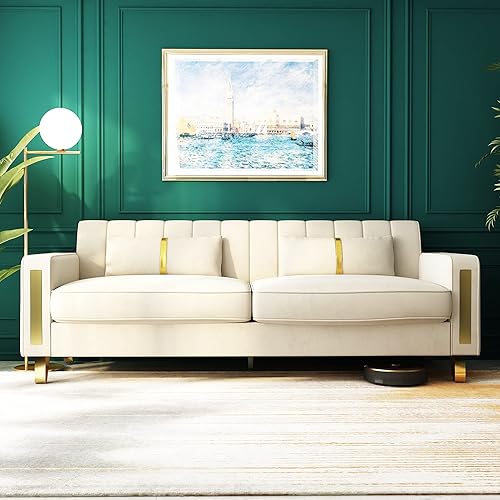 Miniatura 5 de Sofá cama modular de tela de terciopelo de 85.62 pulgadas, 3 asientos, fácil de montar con 2 almohadas de sofá, patas de metal dorado para sala de