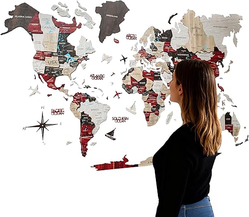 Arte de pared de madera 3D hecho a mano con mapa del mundo, decoración de pared grande, rastrea tus viajes por el mundo, especial para el hogar, la