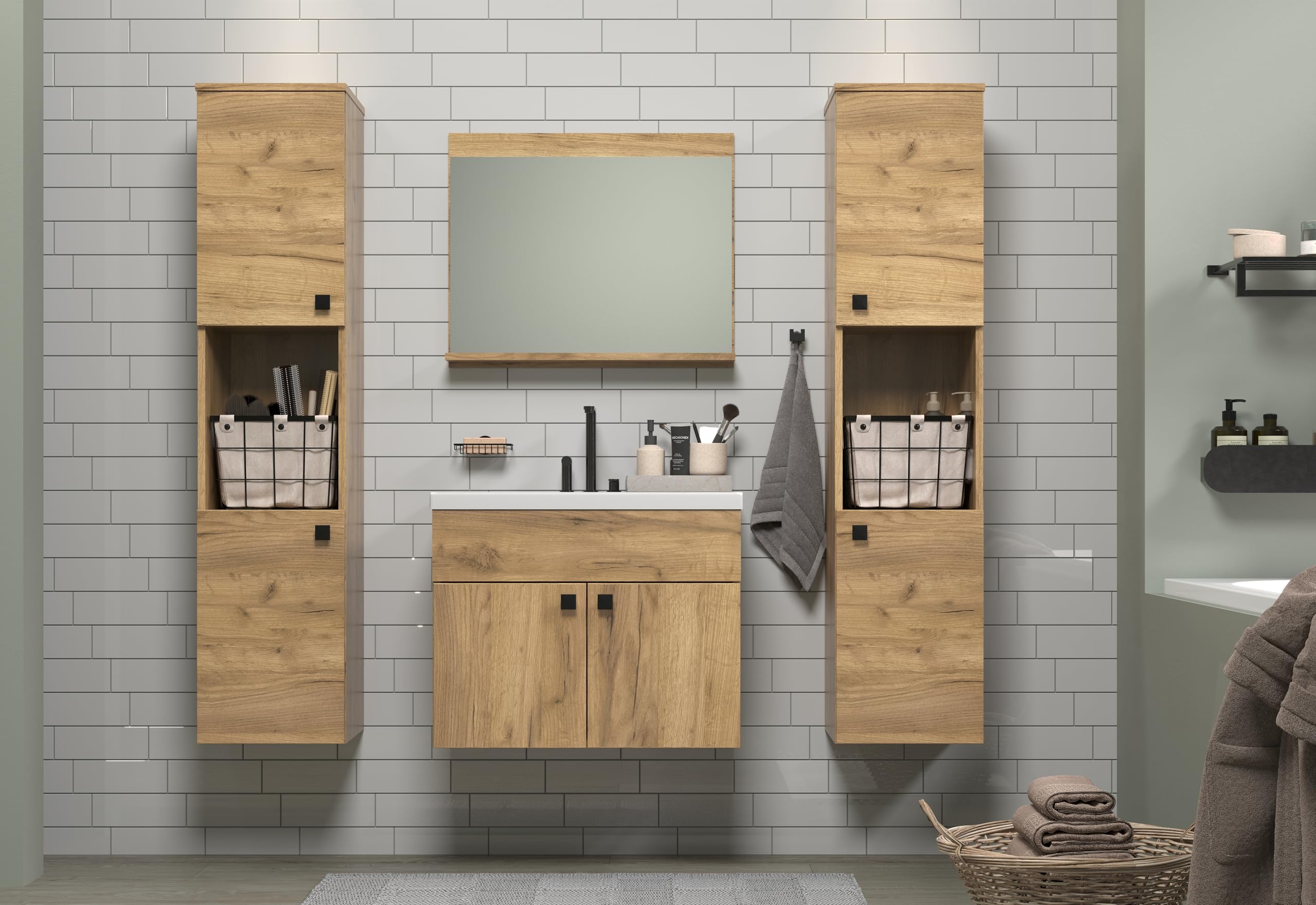 trendteam smart living - Haven - zestaw mebli łazienkowych - dąb - (szer. x wys. x gł.) 142 x 133 x 40 cm - wisząca szafka pod umywalkę wraz z ceramiczną umywalką wkładaną 2 wysokie szafki 1 lustro