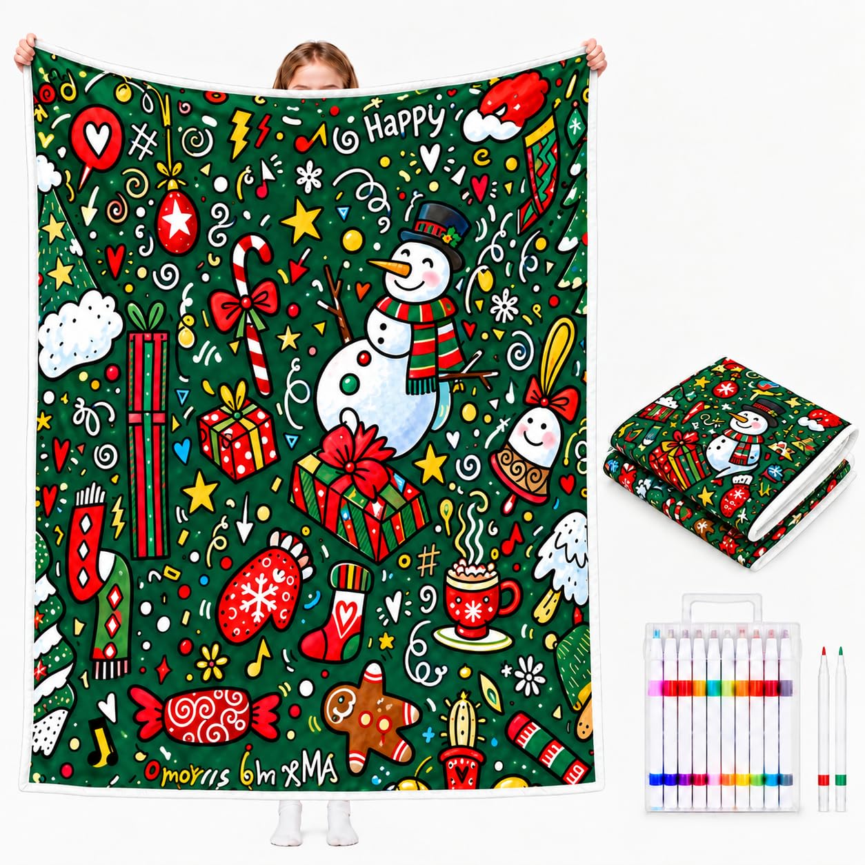 Christmas Colouring Blanket for Adults,DIY Colour in Blanket with 24Markers