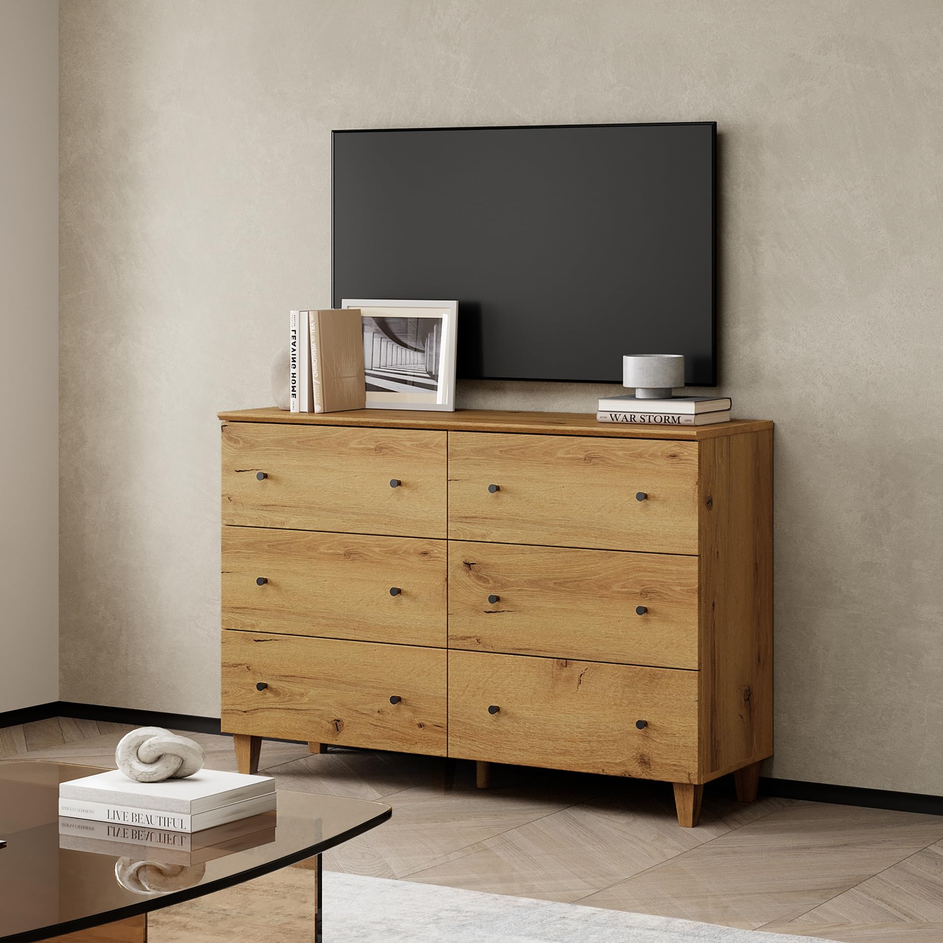 WAMPAT Dresser TV Stand for TVs up to 55 Inches, Brown Oak Wooden Entertainment Center with 6 Drawers, Rustic Media Console Table with Storage for Living Room, Bedroom, 47.2x15.3x32.4