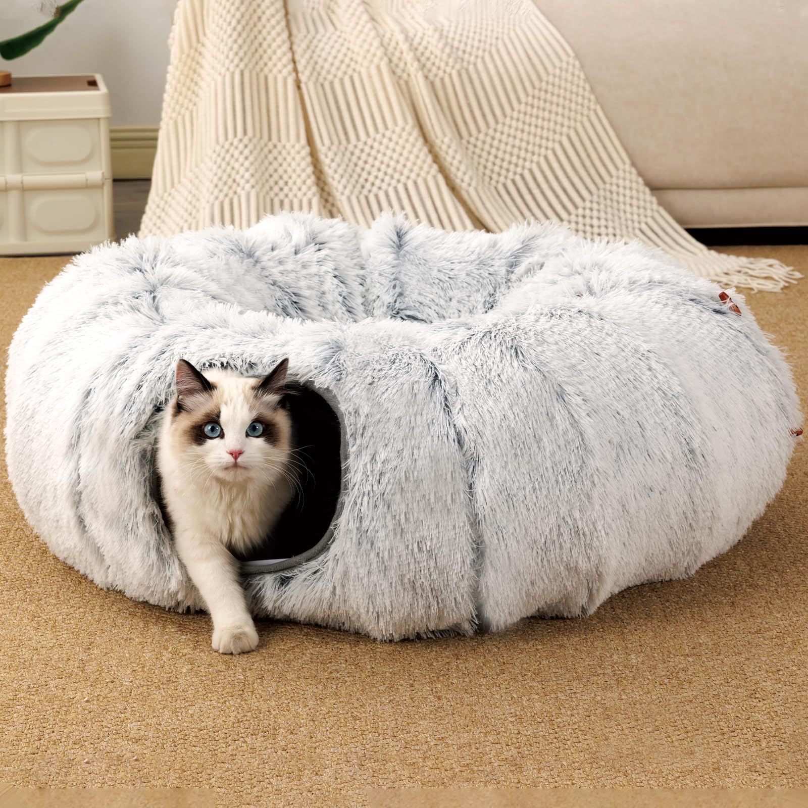 FURRYPAWS Katzentunnelbett mit 20 Spielzeugen, multifunktionaler Donut-Katzen-Spieltunnel, faltbar, Plüsch, Haustierhöhle, Versteck mit Blicklöchern und Ball, für Kätzchen, Kaninchen, Meerschweinchen