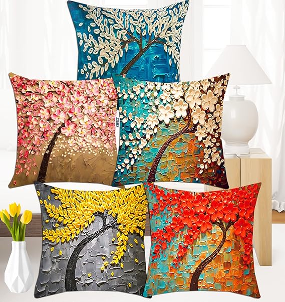 CIDIZY Jute Floral Tree Cushion Covers, 16 x 16 Inch, Multicolour, Set of 5