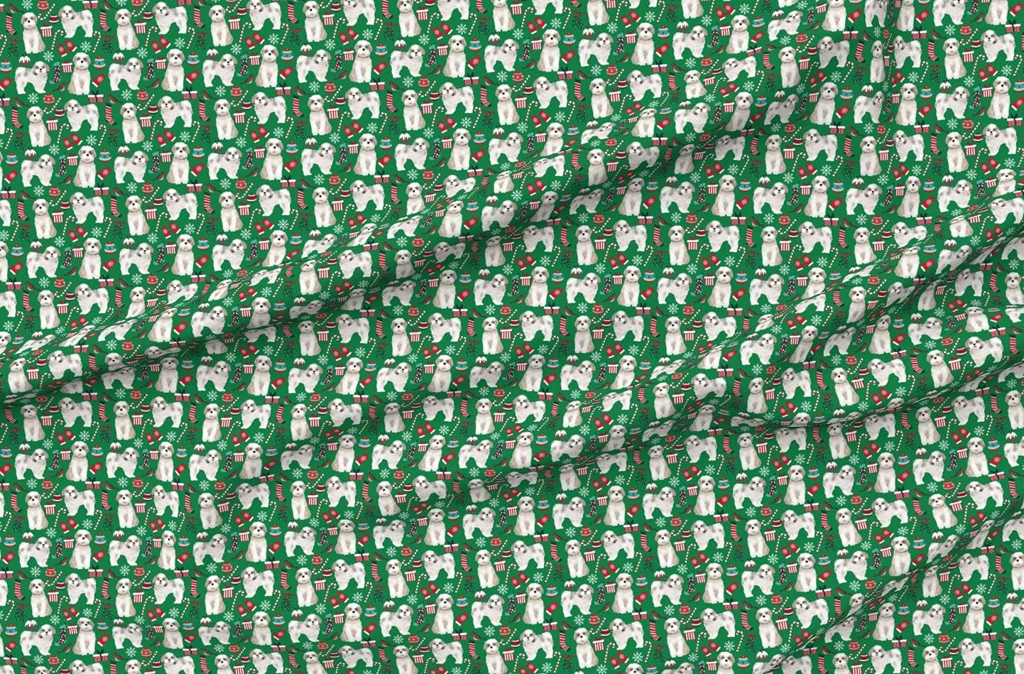 Spoonflower Fabric - Shih Tzu Christmas Cute Dogs Xmas Holiday Green Pet Portrait Printed on Organic Cotton Sateen Fabric by The Yard - Sewing Quilting Apparel Home Decor