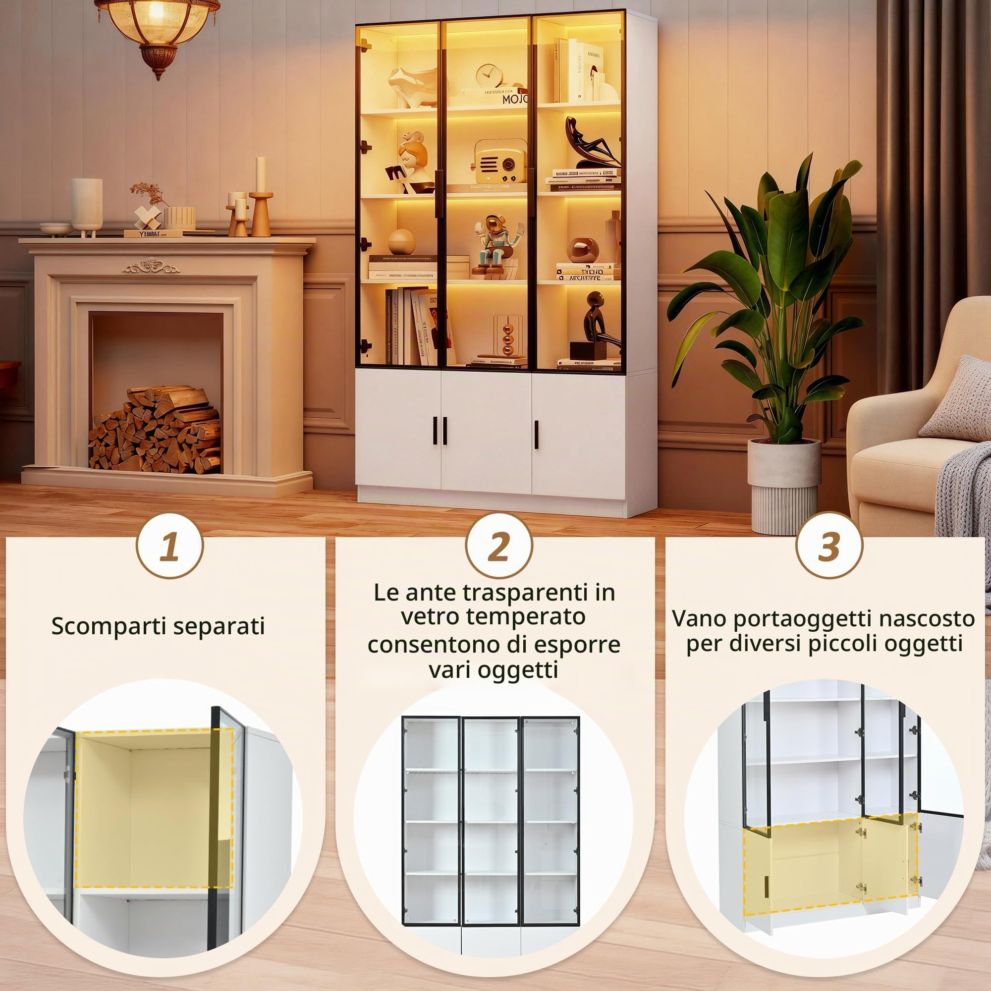 Vetrina con 6 ante dell'armadio, vetrina in vetro con LED, 120 cm di larghezza, armadio multifunzione, grande armadio bianco (120 x 32 x 200 cm)
