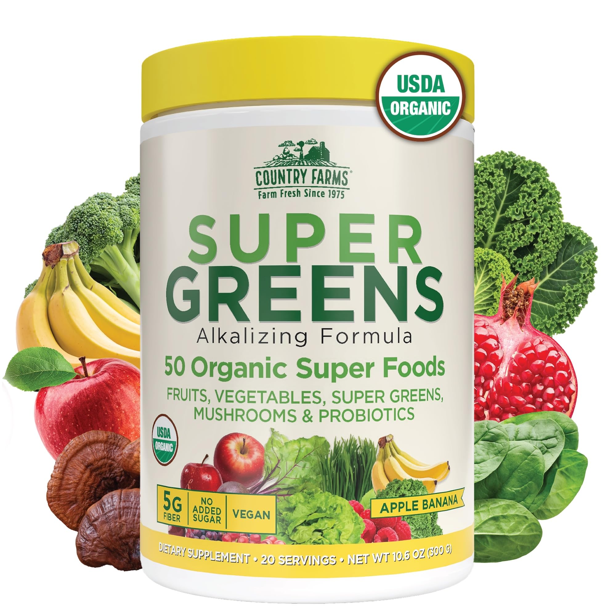 Country Farms Organic Super Greens Apple Banana Flavor, 50 Organic Super Foods, Packed with Fiber, USDA Organic Drink Mix, Fruits, Vegetables, Mushrooms & Probiotics, Supports Energy, 5g Fiber