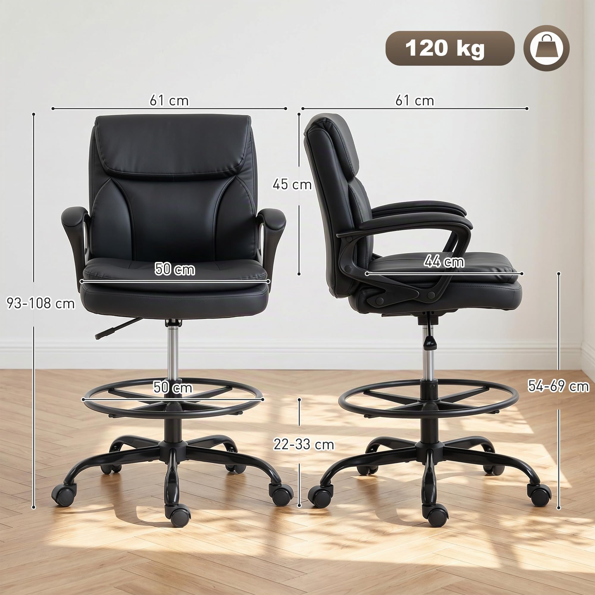 HOMCOM Chaise Bureau Ergonomique Chaise de Dessin Réglable en Hauteur Noir