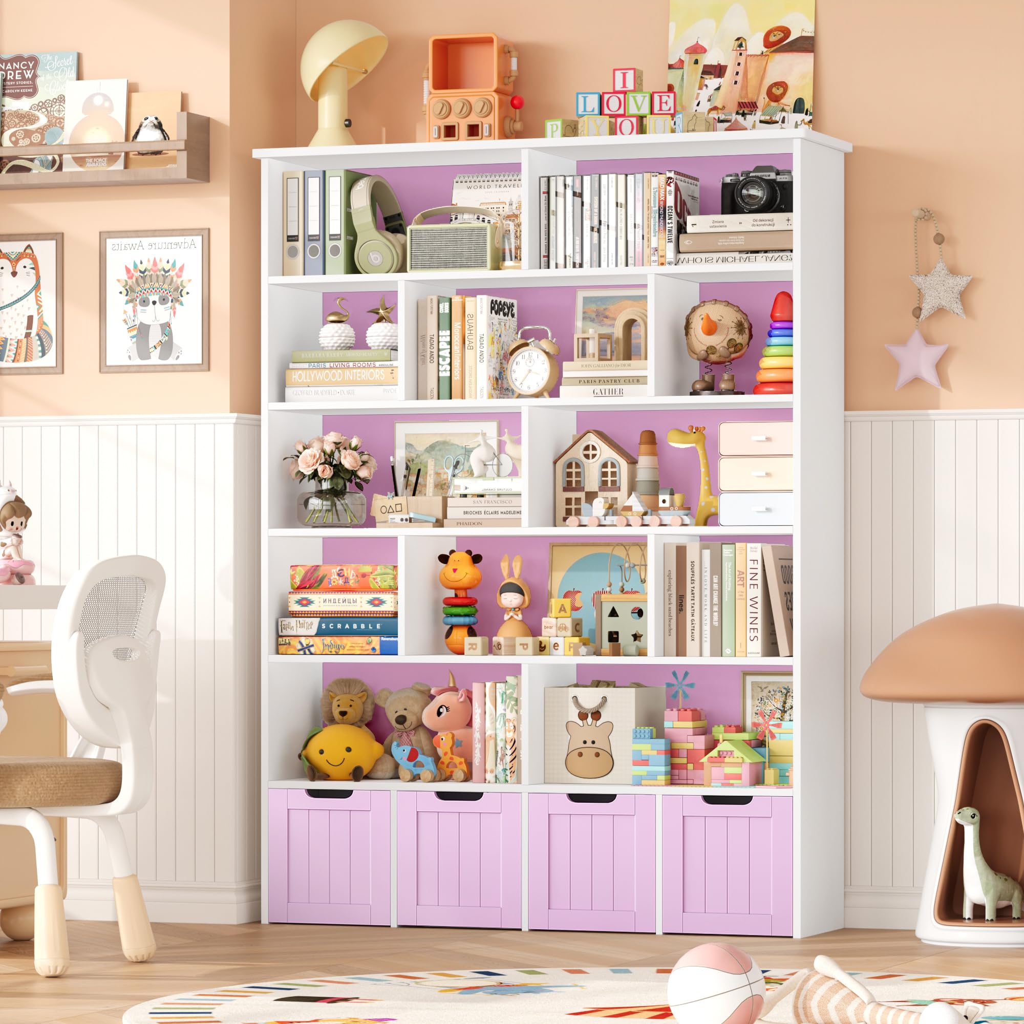 FOREHILL Kinderregal 6 Ebenen, Kinderzimmer Möbel, Bücherregal für Kinder | Kinderschrank mit Boxen auf Rollen, Spielzeug Aufbewahrung für Kinderzimmer, Kindergarten, Leseecke 175x33x125,5cm Flieder
