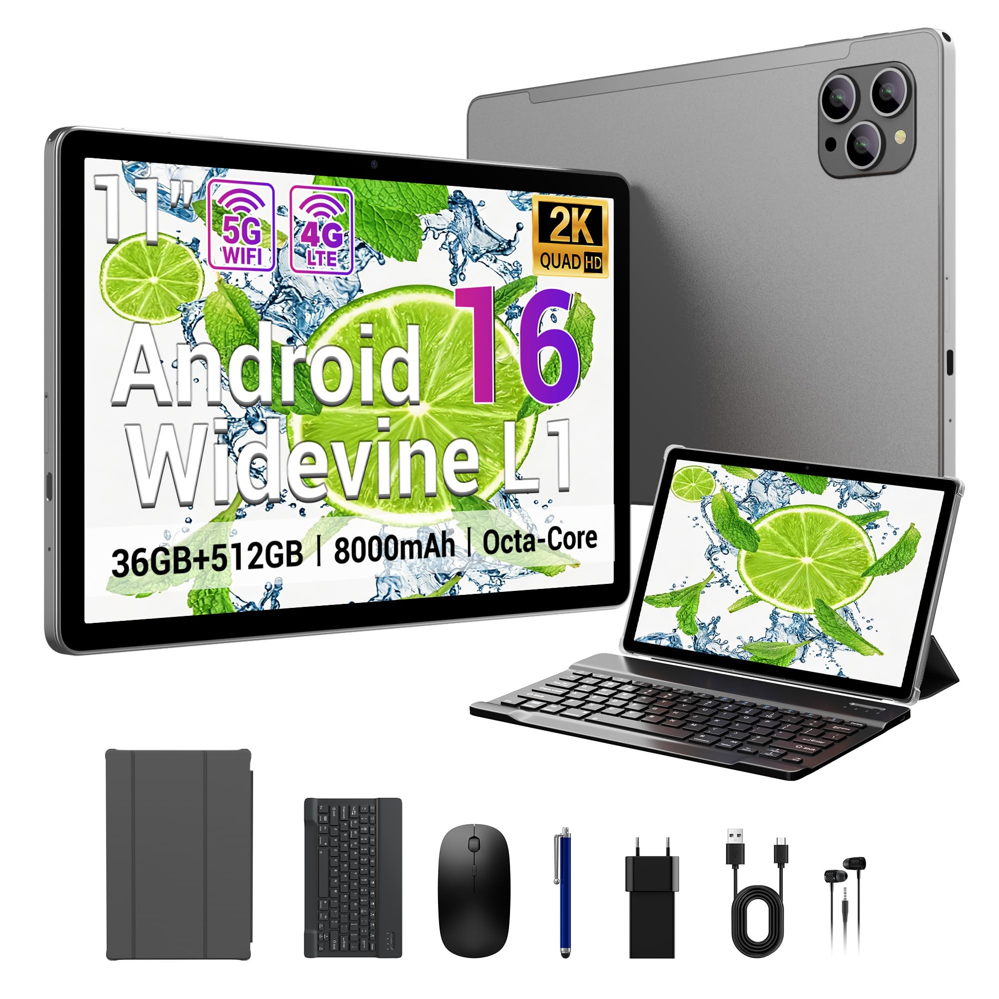 Tablet da 11 pollici, Android 16, Octa-Core, 36 GB RAM + 512 GB ROM, compatibile con SIM 4G e 5G WiFi, grande batteria da 8000 mAh per studio, ufficio, intrattenimento