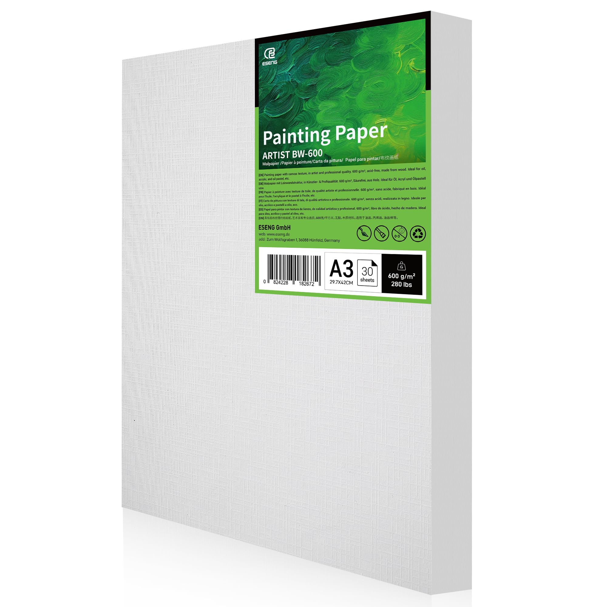 ESENG® Canvas-Texture Drawing Paper, A3, 600 GSM, 30 Sheets, Artist Quality, Suitable for Oil Painting, Acrylics, and Oil Pastels