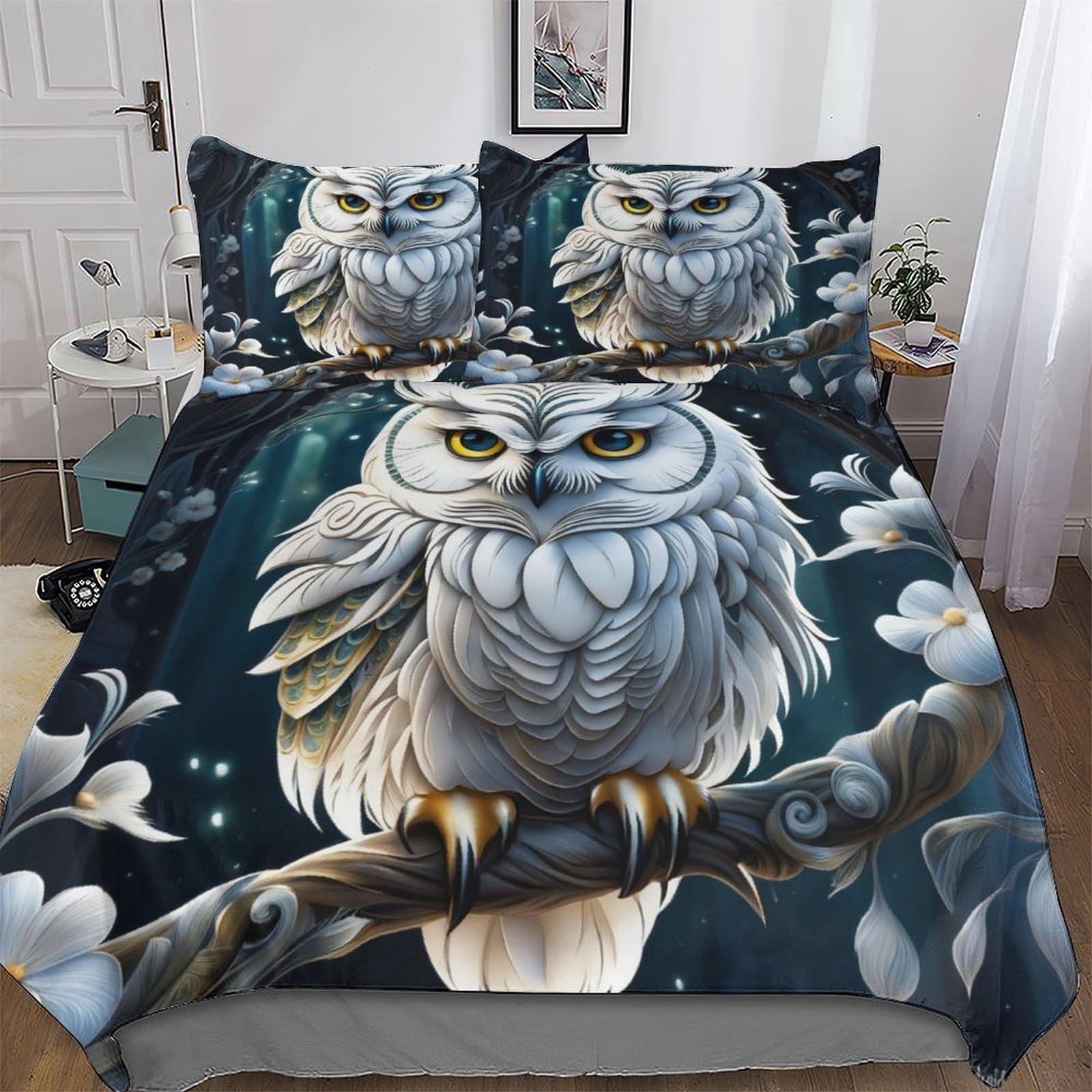 Owl Print Bedding Sets with Pillowcase Soft Duvet Cover Brushed Microfiber 3Pcs Set Quilt Cover with Zipper Closure for Kids Youth Adult Comforter Cover King (220x240cm) — image 1