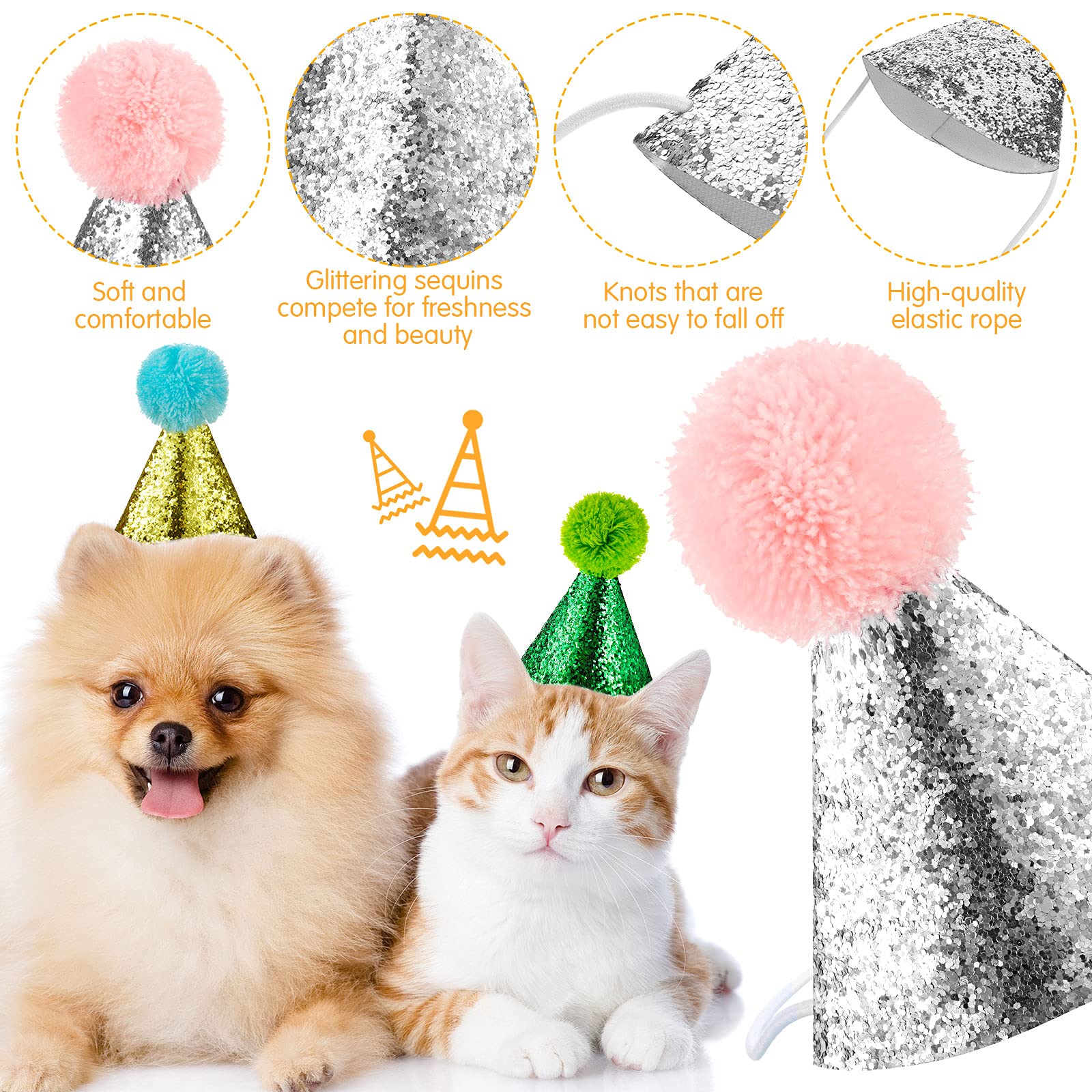 Lot De 6 Mini Chapeaux D'anniversaire Pour Animaux - Feutre, Couleurs Vives, Avec Pompons