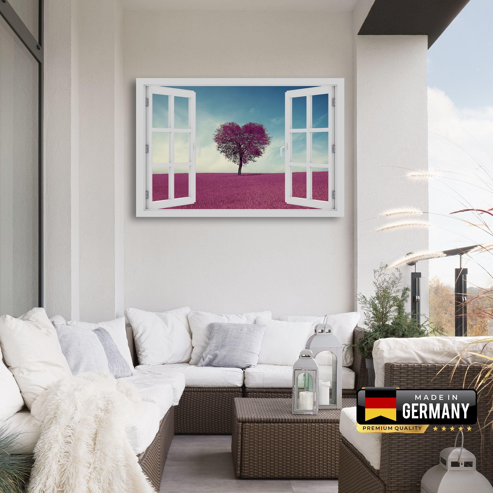 Wandbild Outdoor wetterfeste Bilder für draußen | Gartenbilder Innen & Außen | Landschaftsbilder Acryl Glas Fensterblick Effekt | 60x60cm Feld Himmel Baum Herz