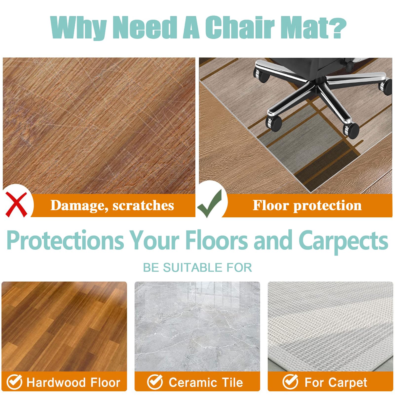 Xiaputcr Floor Mat for Office Chair Office Chair Mat for Hardwood Floor Non Slip Gaming Computer Chair Mat Multi-Purpose Floor Protectors for Rolling Chairs Carpet Protections Chair Mats 100 x 130 cm - Image 4