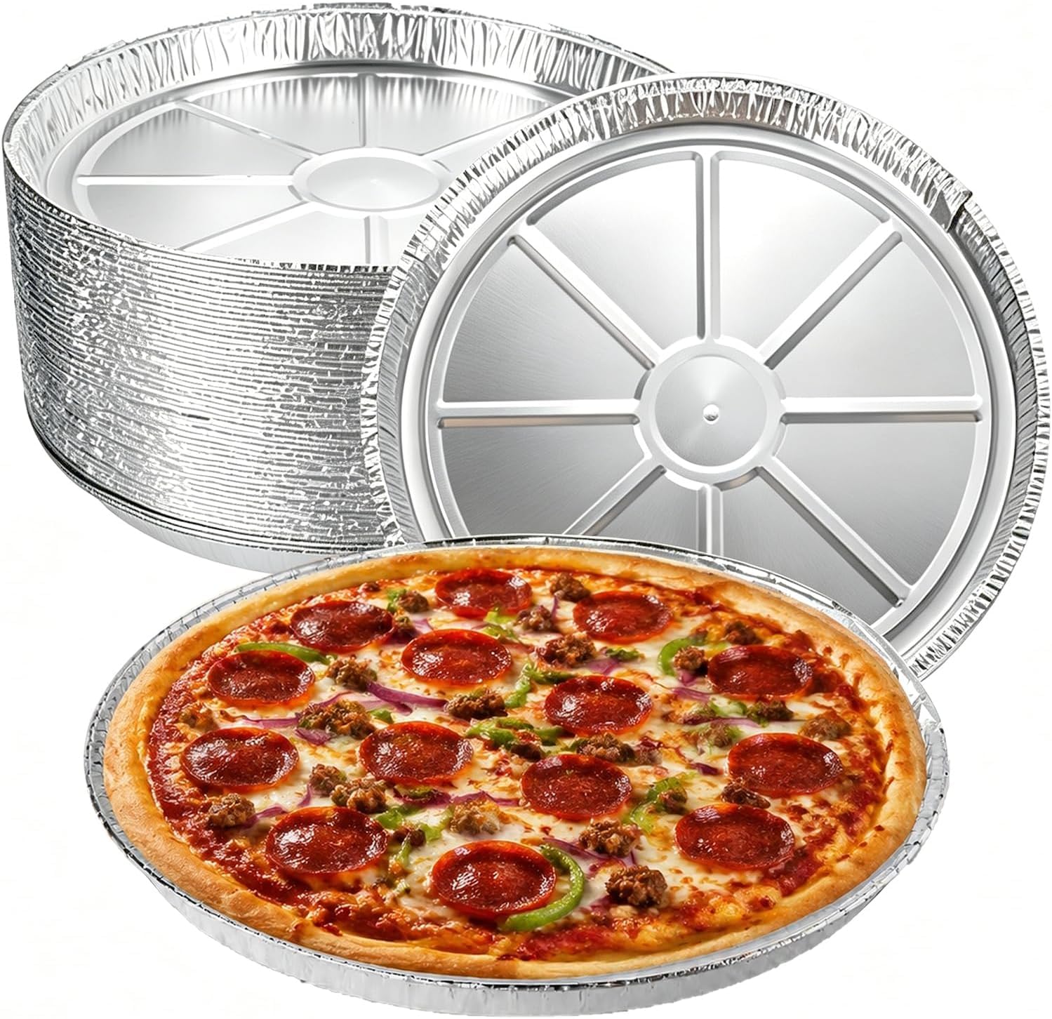 LATERN 25Pcs Aluminum Pizza Pans, 12 Inch Round Foil Focaccia Pan Disposable Cooking Baking Broiling Roasting Tray for Pizza Chocolate Chip Cookie Cake, Freezer & Oven Safe