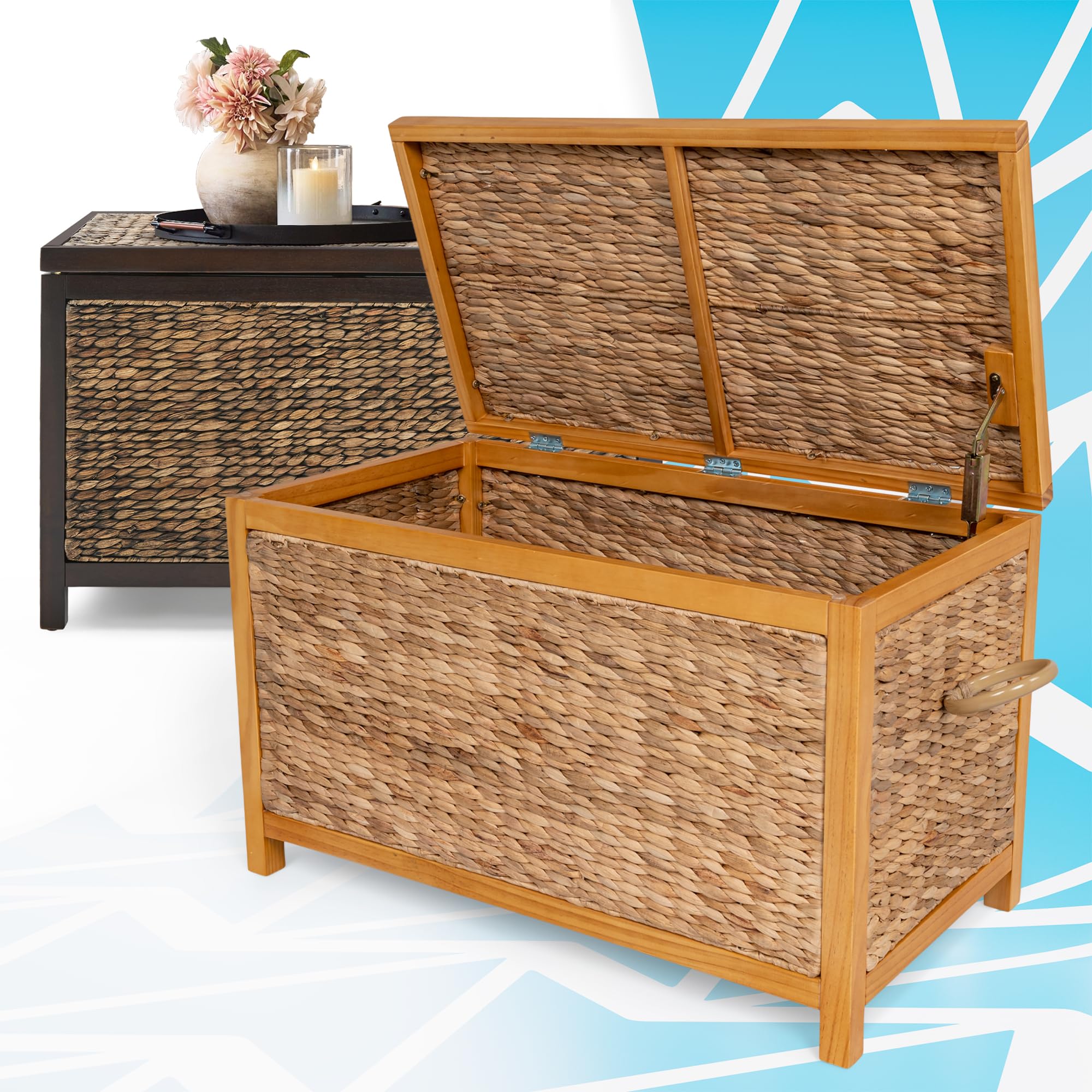 ClickDecor Wilson Baúl de mimbre, estilo granja, jacinto de agua tejido a mano, marco de madera de acacia, asas de metal, cesta de almacenamiento grande de 30 pulgadas de ancho con tapa para sala de