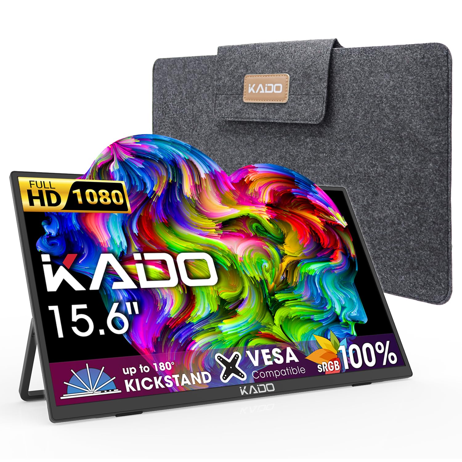 Kado 15.6" FHD Portable Monitor for Laptop, 100% sRGB Second Display IPS 1920x1080 HDMI USB-C Laptop Screen Extender, Carrying Sleeve 180° Kickstand