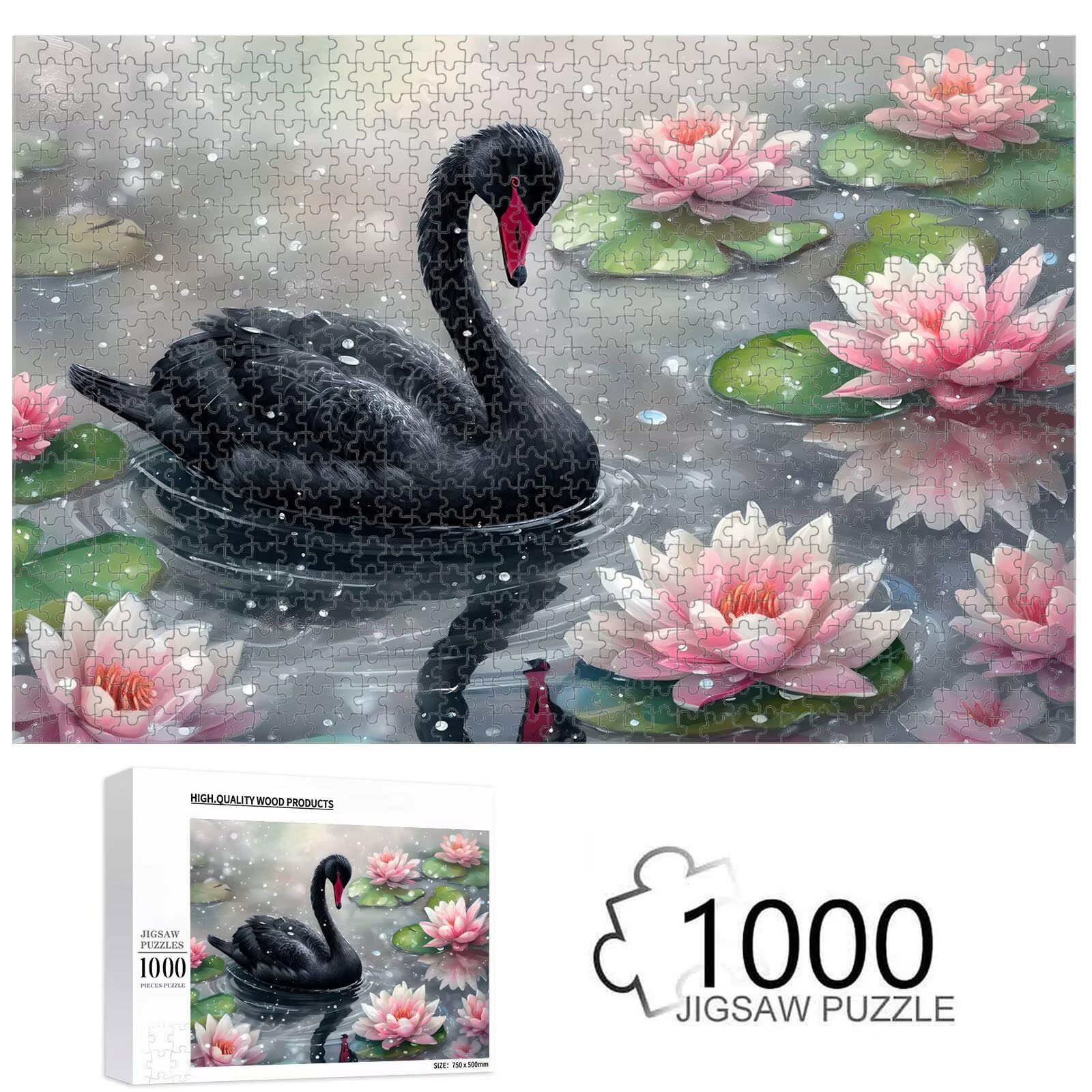 1000 elementów, puzzle dla dorosłych, Łabędź i Lotus 1T#1024 | Drewniana konstrukcja, precyzyjne cięcie, jasne kolory, statyczne hobby, relaks, dekoracja domu, prezent, 50 x 75 cm