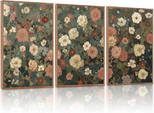 LHIUEM Vintage Blossom Flower Framed Canvas Wall Art Set,Nature Wildflow...
